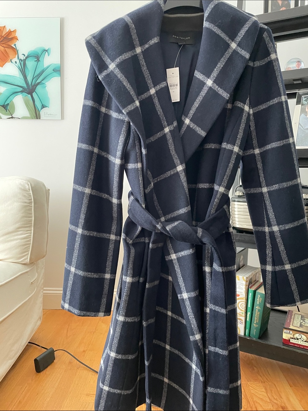 Ann Taylor Navy and Gray Windowpane Belted Robe Coat
